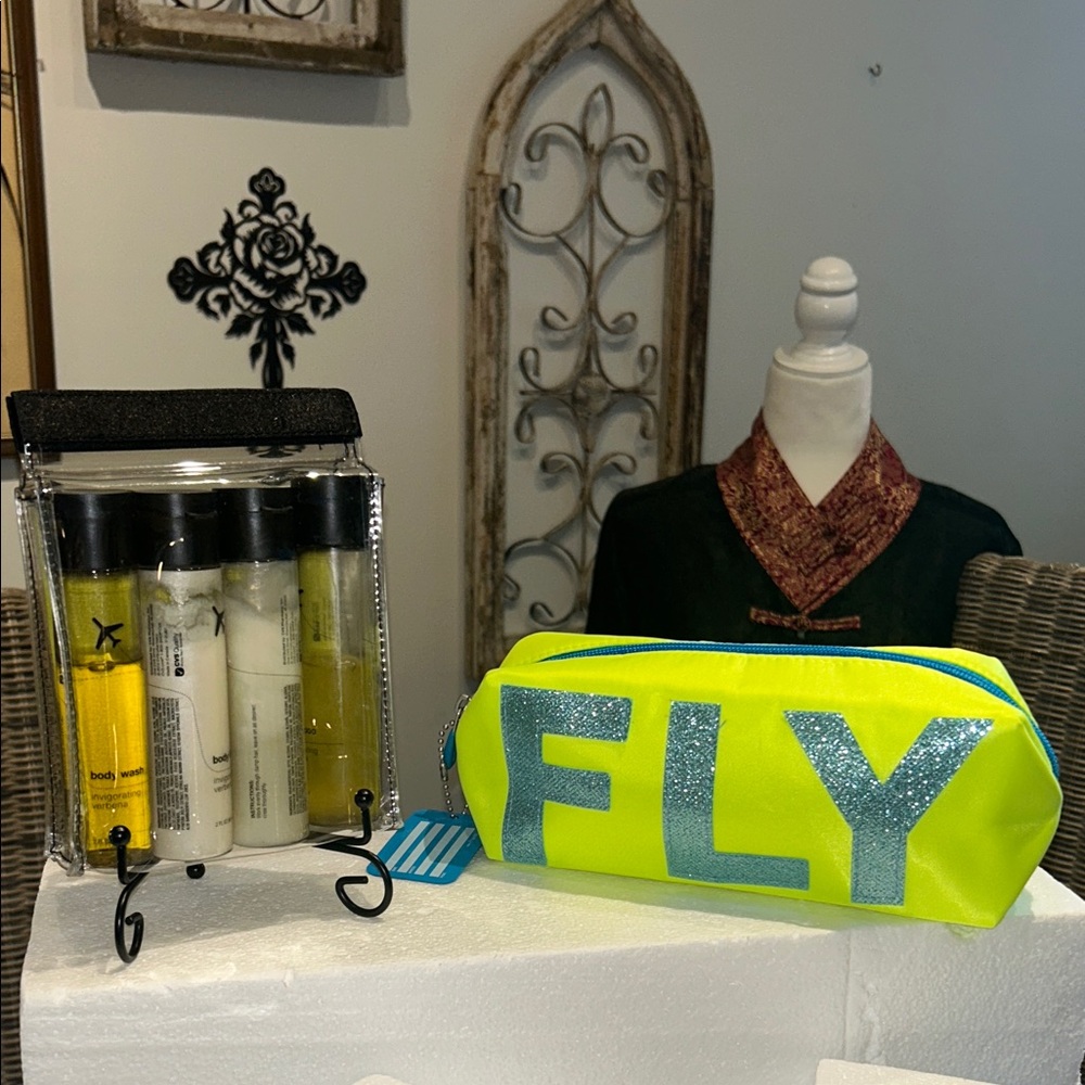 Neon Yellow FLY Cosmetic Bag Plus Travel Essentials FAA Approved NWT